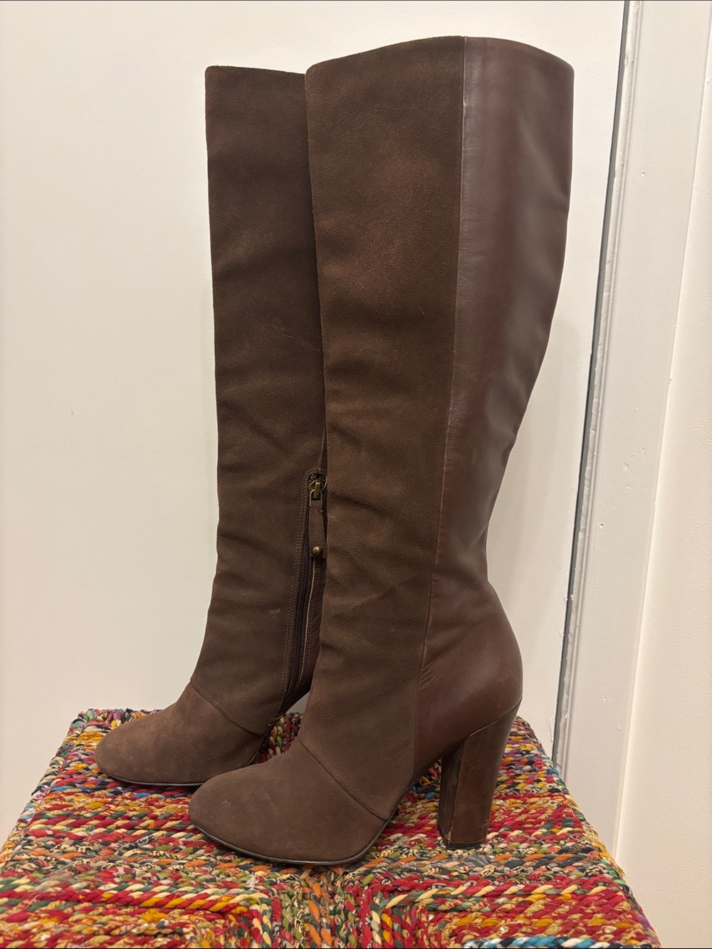 Joan & David Two-Tone Brown Over-the-Knee Block Heel Boots